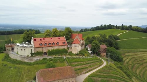Aerial orbit of chateau on top of a green hill and wine vineyard terraces surrounded by forest, moun