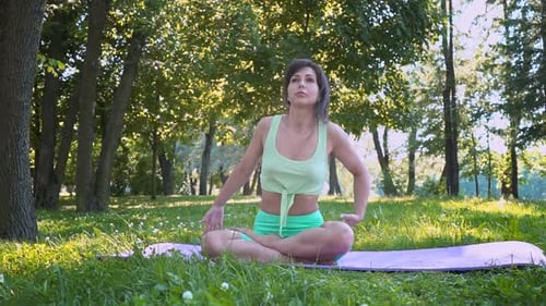 Young European Woman Sportswear Purple Mat Practicing Yoga Pose Park Green Lush Meadow City Park