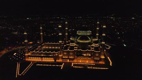 4K Night Aerial view of Camlica the biggest Mosque in Turkey Istanbul 1