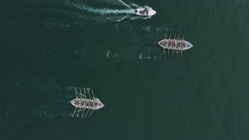 Competitive Rowing Team on Lake at Dawn. 4K UHD Tracking Shot.