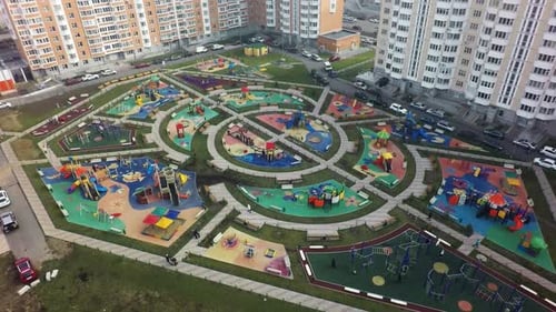 An Aerial View of a Large Playground Area in a Residential Microdistrict