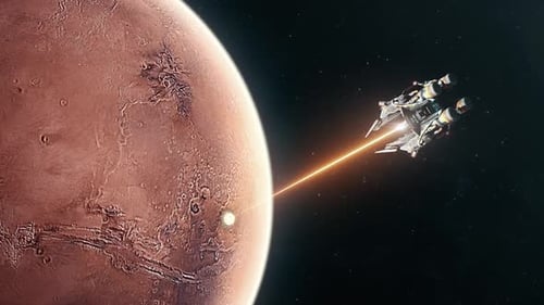 Futuristic Spaceship Firing Laser Beam at Mars