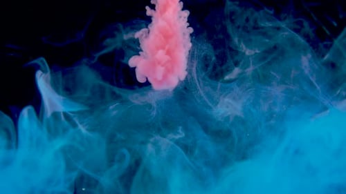 Blue and Red Paint in Water. Ink Swirling Underwater. Cloud of Ink Collision Isolated on Black