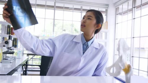 Young Adult Woman Doctor Explains X-Ray in Lab