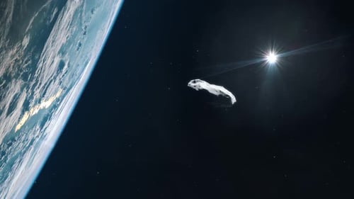 Asteroid Flying Past Planet Earth in Deep Space