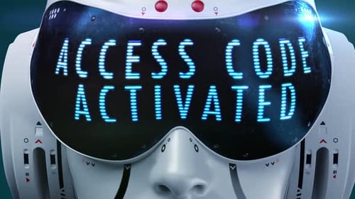 inteligencia artificial. primer plano de la cabeza del robot de ciencia ficción. la inscripción «código activado»