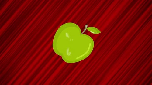 Flying apple on red background. Looped animation of throwing a fruit. Moving green apple.