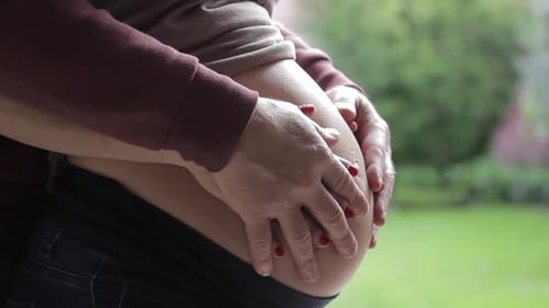 Madre y padre sosteniendo barriga embarazada.