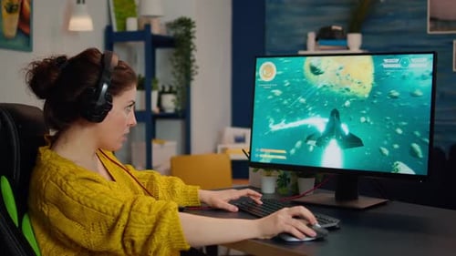 Woman Playing Video Game at Home, Smiles