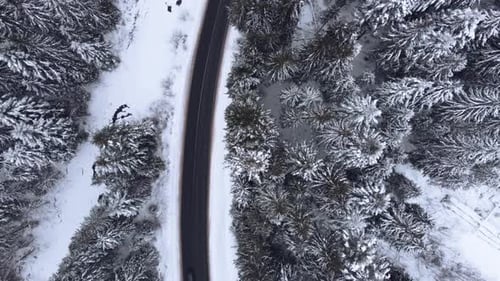 Aerial top view snowy forest mountains with cars driving winter road.