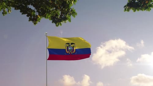 Ecuador National Flag Waving Over Modern City Skyline