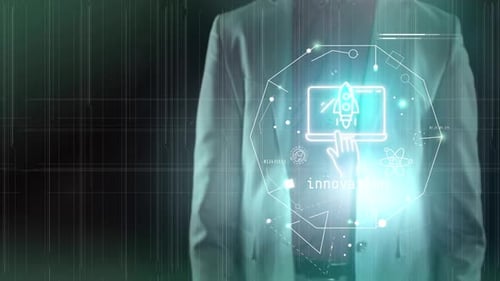Infografiken zum Thema Innovation auf dem Hintergrund eines Geschäftsmannes HD