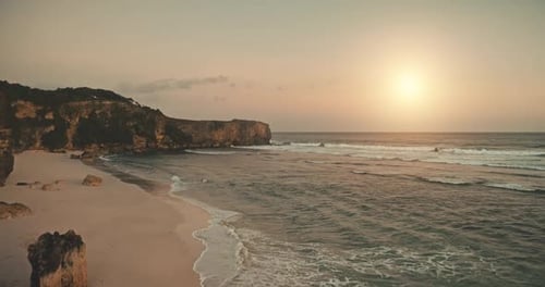Sand Beach with Cliff Shore of Ocean Bay Aerial