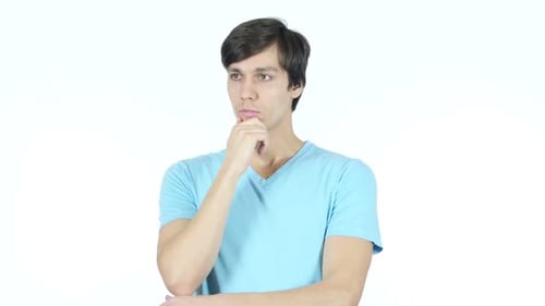 Pensive Young Adult Thinking Deeply on White Background