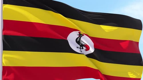 Uganda National Flag Waving in Realistic Motion Against Blue Sky