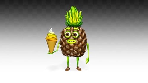 Funny Cartoon 3D Pineapple Character Holding Ice Cream Animation