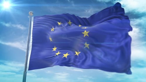 European Union Flag Waving Realistically Under Bright Sky