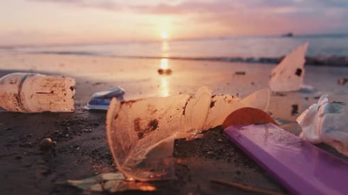 Plastic Litter Washed up on Sandy Beach at Sunset