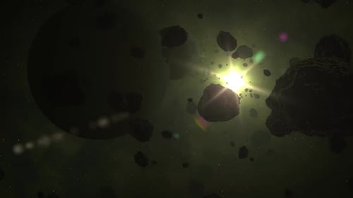 Kosmos. Asteroidengürtel. Ein dichter Meteorschwarm bewegt sich langsam in seiner
Umlaufbahn.