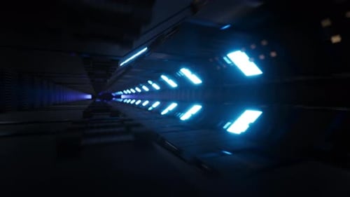 Fliegen Sie mit blauen Laser-Neonlinien in einen futuristischen Metallkorridor 6