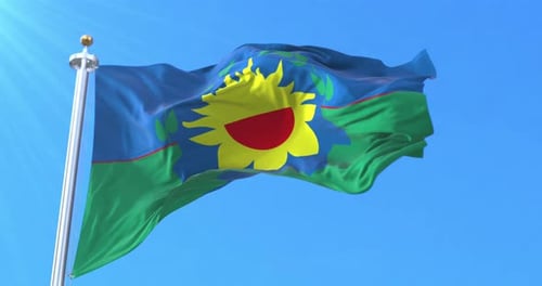 Waving Flag of Guadeloupe with Sun and Sky Background