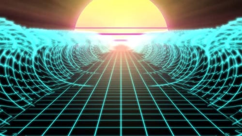 Ondes de marée océaniques Synthwave Retro Wireframe Net Grid et soleil des années 80 - 4K