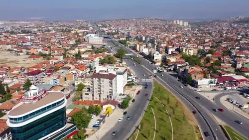 Aerial View of Highway Intersection and Modern Buildings of the European City