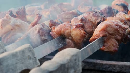 Pork barbecue cooked on grill close-up in sunlight outdoors