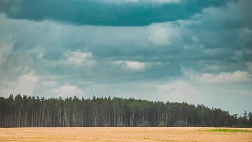Dramatic Sky With Clouds On Horizon Above Rural Landscape Field