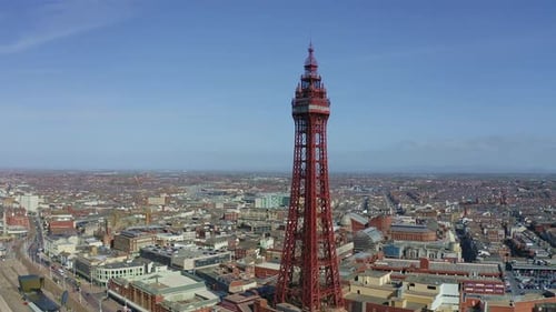 Stunning aerial view, footage of Blackpool Tower from the sea of the award winning Blackpool beach,