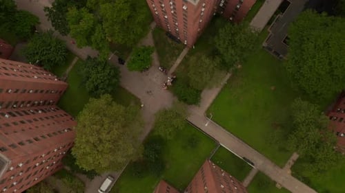 Birds View Flight Over Typical New York City Neighborhood Apartment Building with Garden