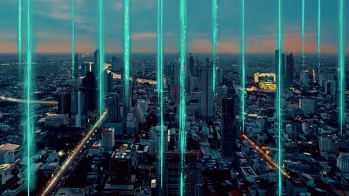 Futuristic Cityscape with Digital Light Streams at Night
