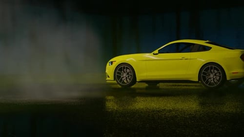 Coche deportivo amarillo de lujo a la deriva en el garaje nocturno