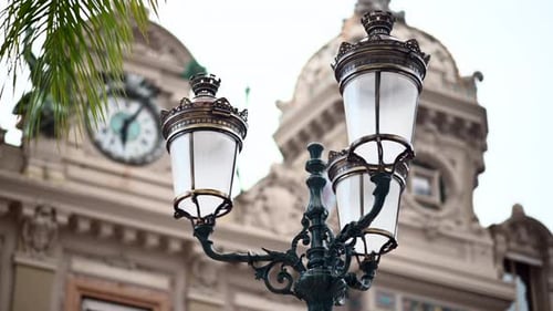 Casino of Monte Carlo building with big metallic lanterns in Monaco, close up view