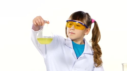 Young Girl Scientist Examining Flask of Liquid