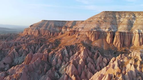Cappadocia Aerial Drone View To Sunset Red and Rose Valley Rocks Goreme Turkey