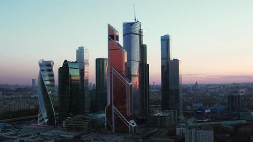 Aerial Evening Cityscape with Moscow Downtown, Russia