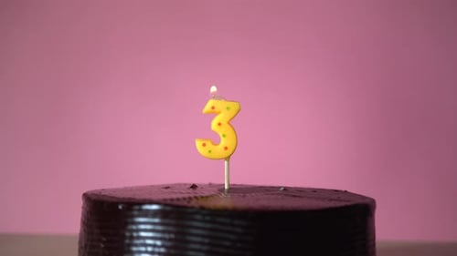 Chocolate Birthday Cake with Wick Lighting Trying to Blowout Candle