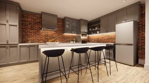 3d rendering. Interior house modern open living space with kitchen