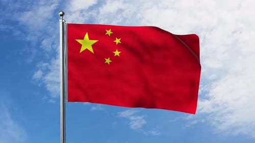 Realistic Chinese Flag Waving Seamless Loop Against Blue Sky