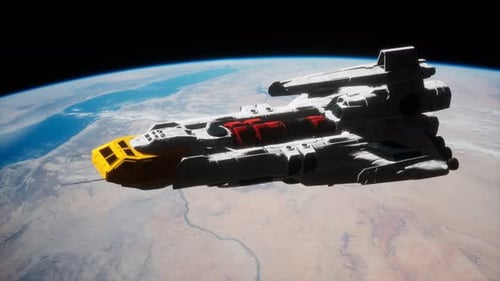 Futuristic Spaceship Flying Above Planet Earth