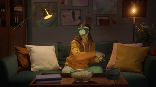 Woman Gaming in VR at Home at Night