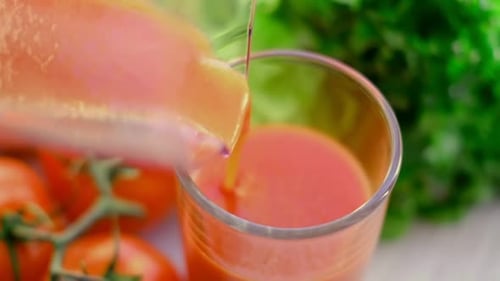 Tomatensaft mit Tomatenzweig im Hintergrund