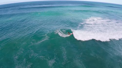 Aerial view of a man sup stand-up paddleboard surfing in Hawaii.