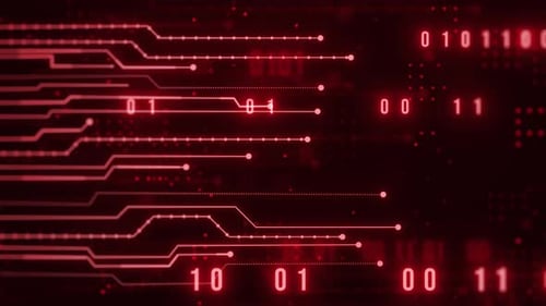 Futuristic Red Circuit Board with Glowing Binary Data Animation