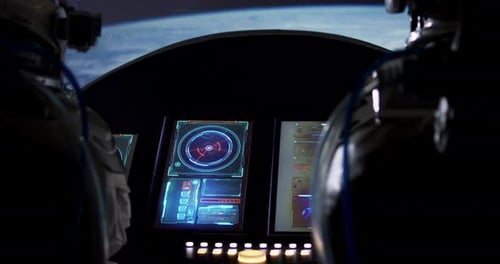 Astronauts Navigating Spaceship Through Space