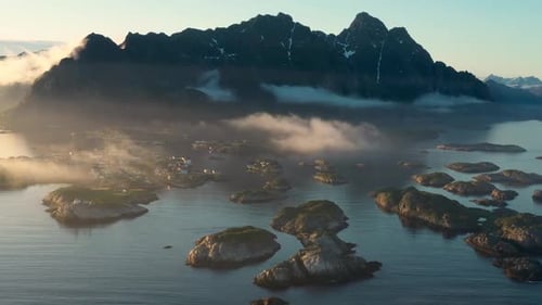 Flight above sea and view on the Henningsvaer , Lofoten Islands,Norway