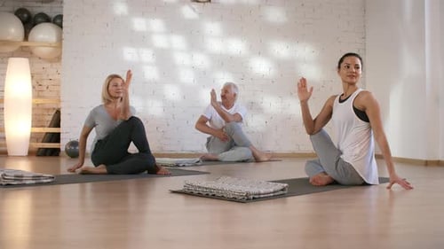Belle professeur de yoga donnant un cours privé pour un couple d'âge moyen