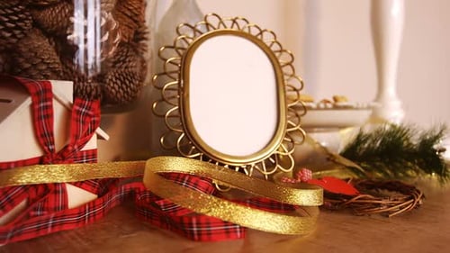 Festive Christmas Decorations with Gold Frame and Ribbons