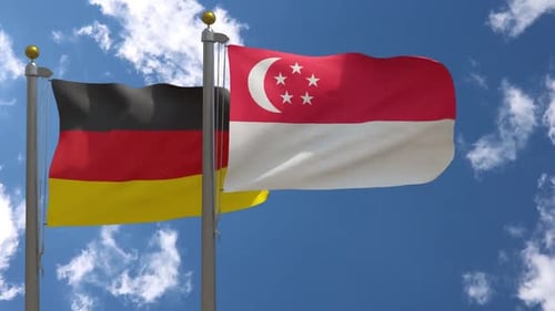 Germany and Singapore National Flags Waving on Flagpoles